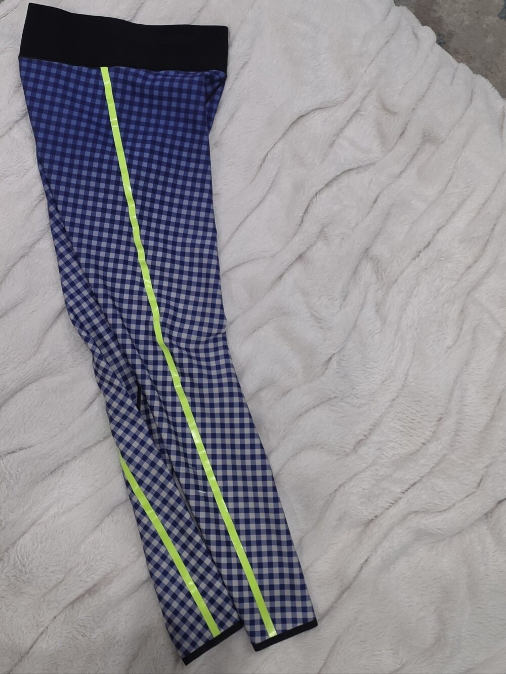 Blue Gingham High-Rise Leggings with Neon Lime Stripe - Picture 7 of 9